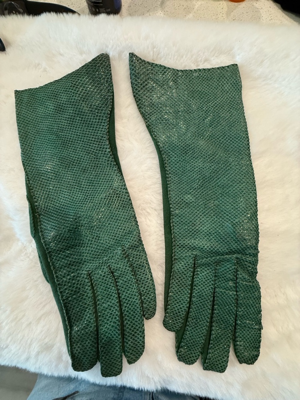Long Green Textured Leather Gloves